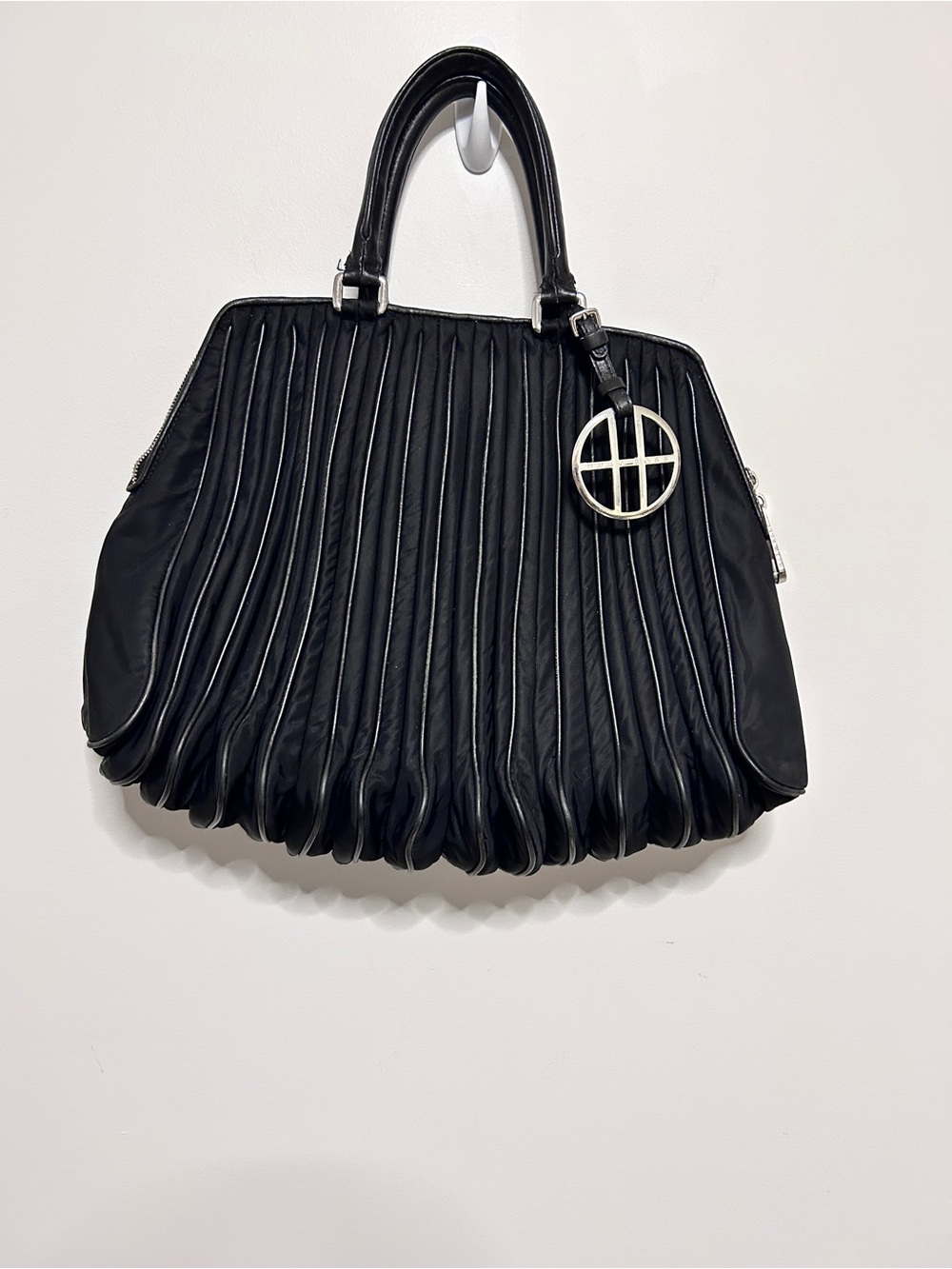 Hugo Boss Black Pleated Handbag Leather Trim Silver Logo Charm Unique Designer